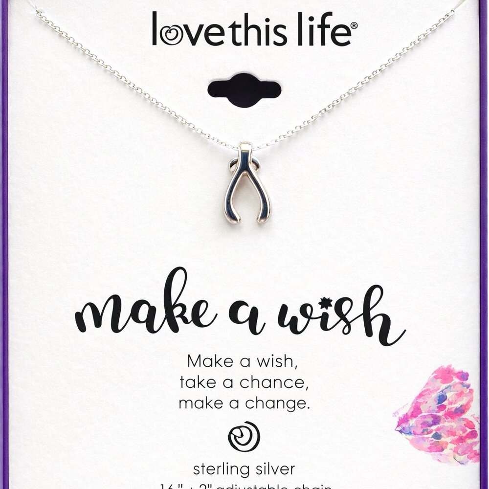 Love This Life Sterling Silver Wishbone Necklace 16” + 2” Extender NIB